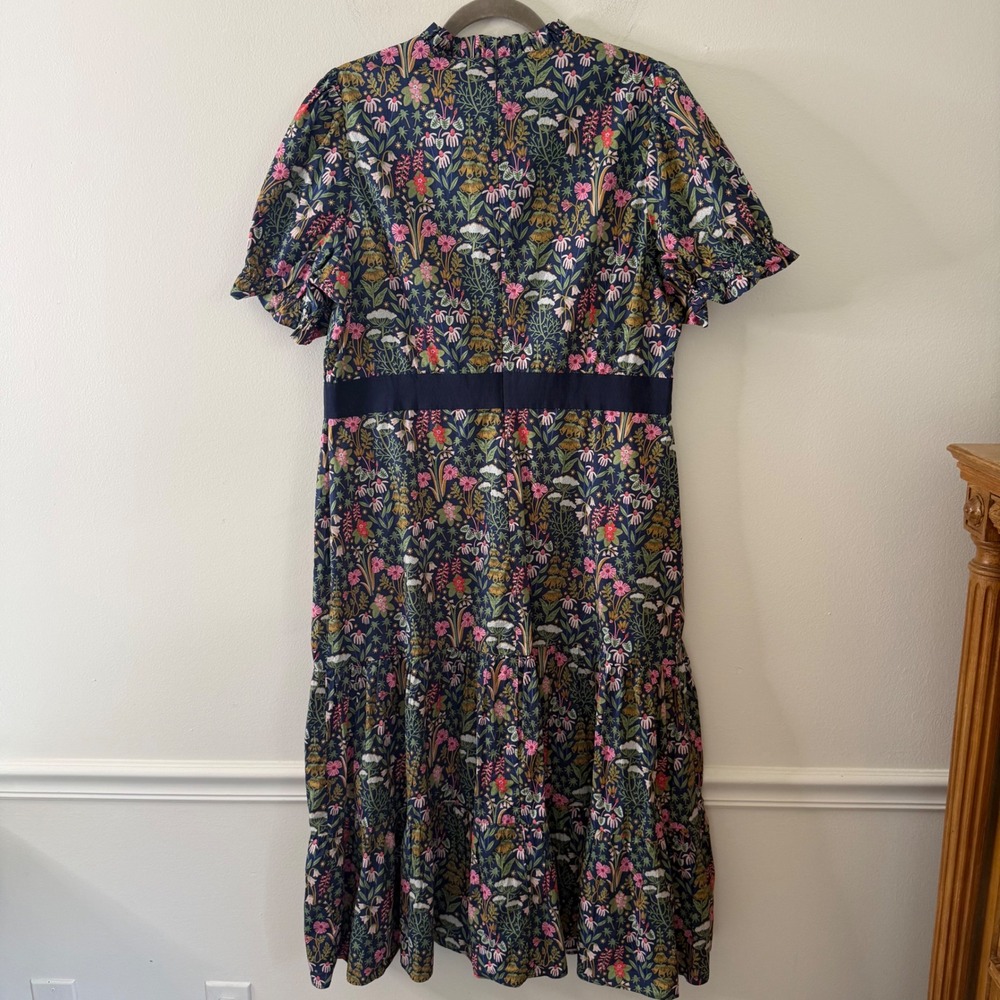 Boden Botanical Floral Tiered Midi Dress Navy Blue Ruffled Puff Sleeve US 14R - Picture 6 of 10
